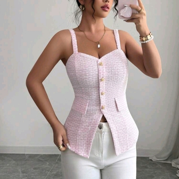 Women's Fitted Elegant Faux Shirt Front Cinched Waist Camisole - Picture 1 of 4